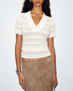 Textured V-Neck Sweater in Off White