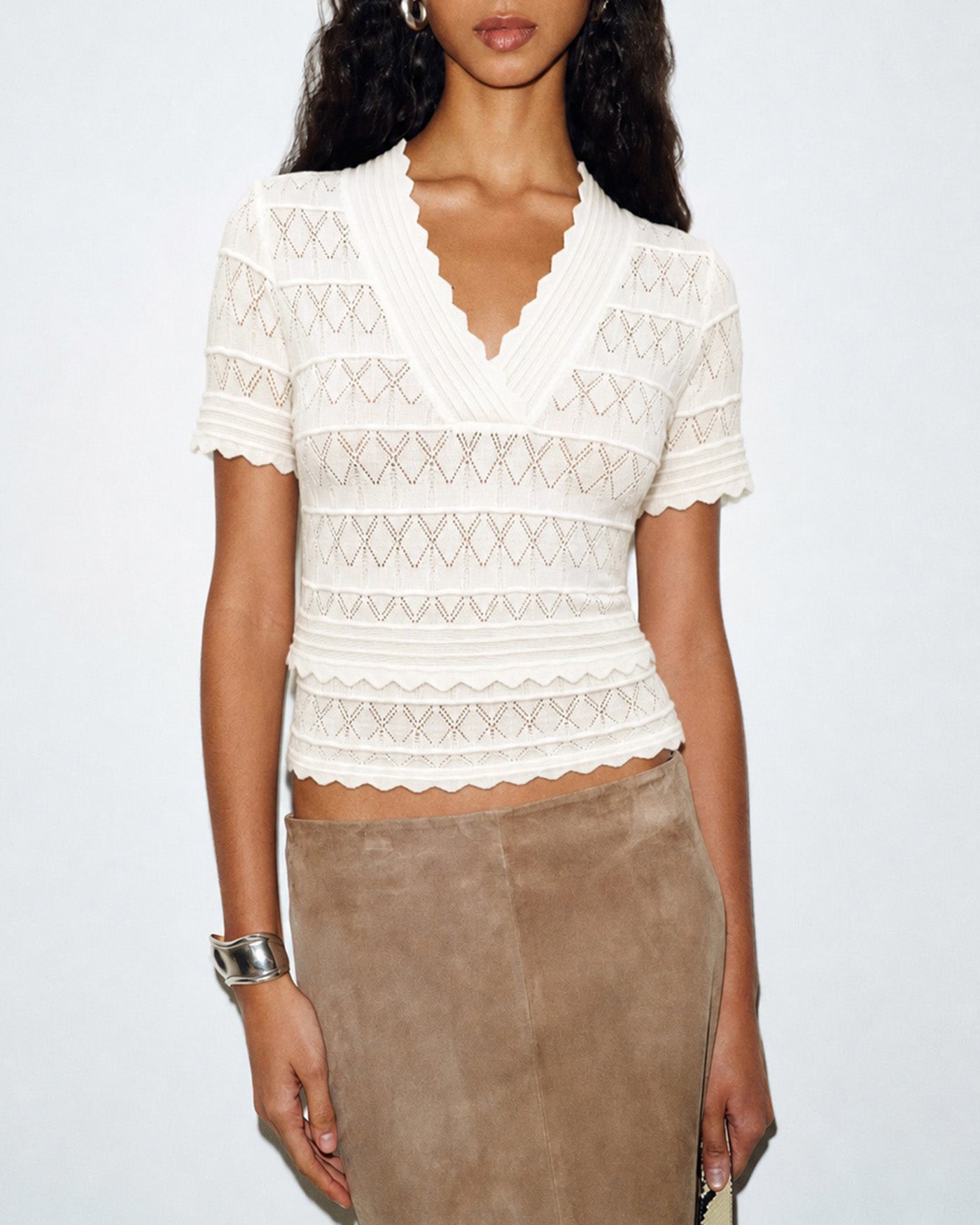 Textured V-Neck Sweater in Off White
