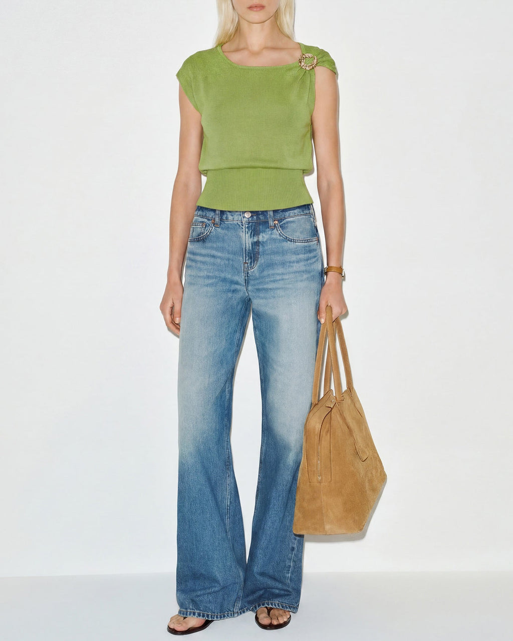 Green Knit Sweater with Round Neck and Drop Shoulders