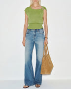 Green Knit Sweater with Round Neck and Drop Shoulders
