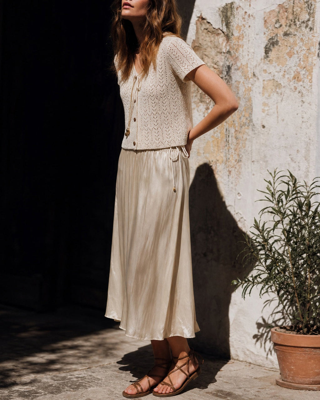 Textured Knit Cardigan with V-Neck and Buttons in Beige