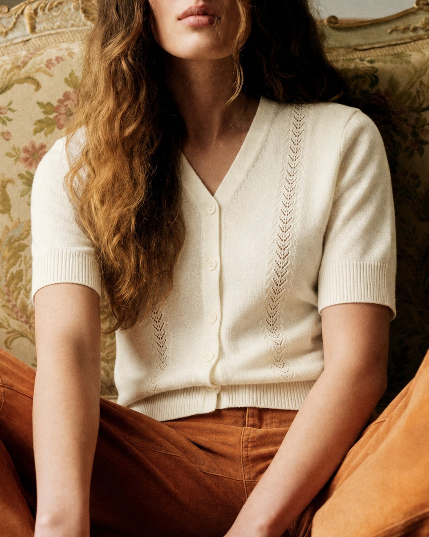 Apricot V-Neck Button-Up Knit Cardigan