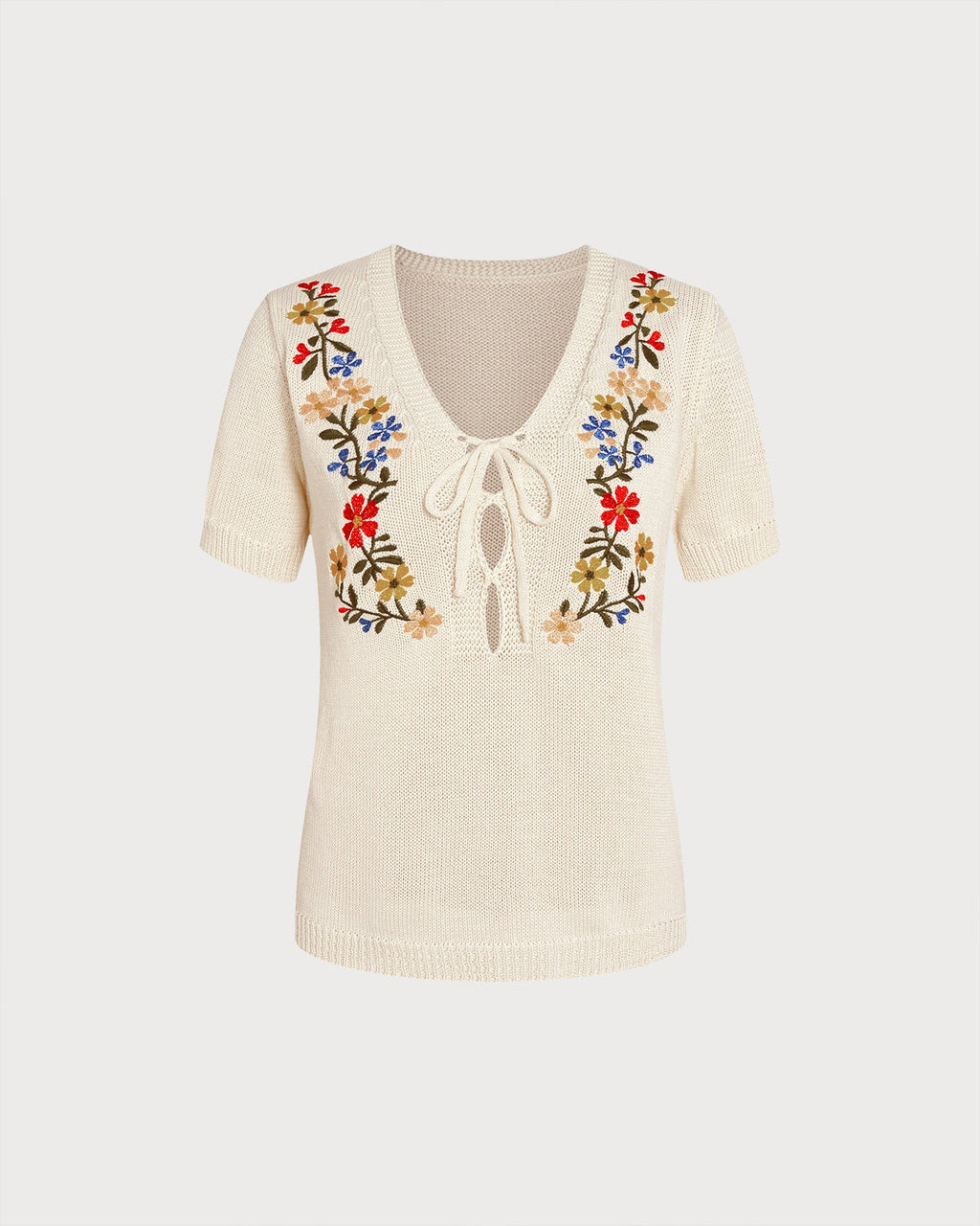 Floral Embroidered V-Neck Sweater in Apricot