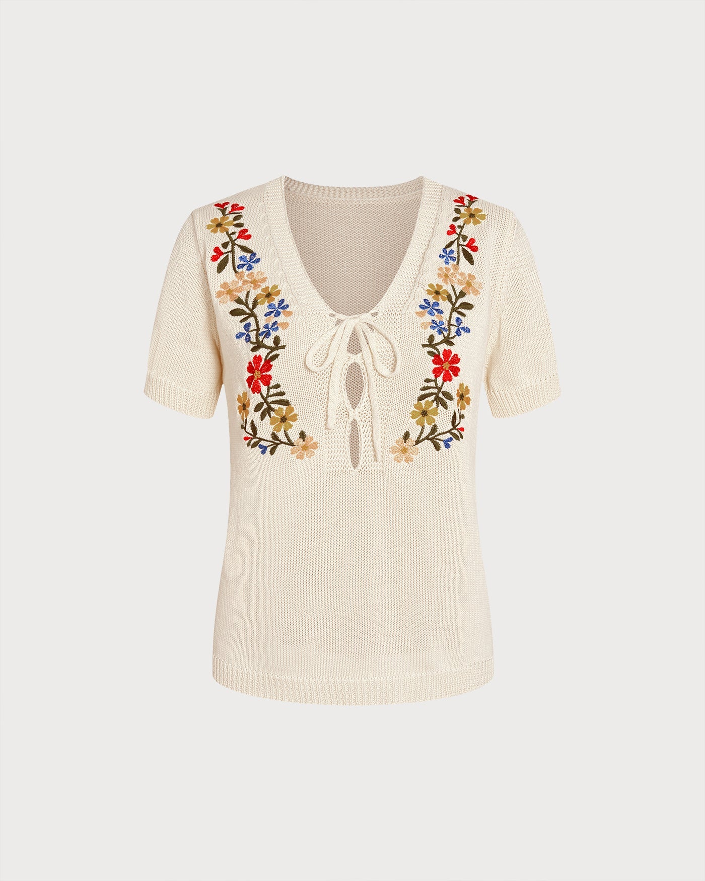 Floral Embroidered V-Neck Sweater in Apricot