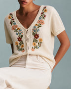 Floral Embroidered V-Neck Sweater in Apricot