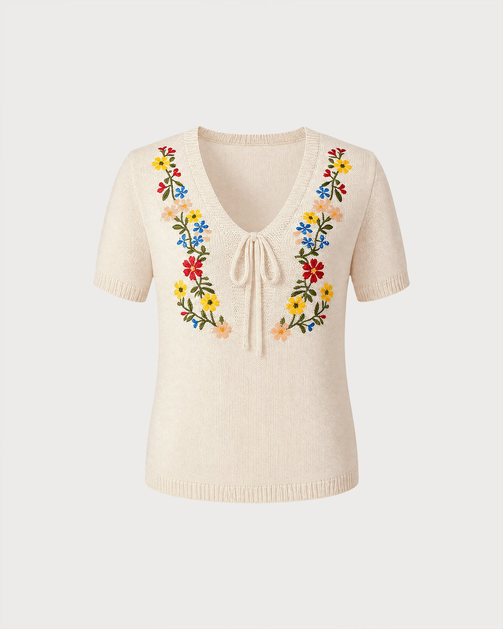 Floral Embroidered V-Neck Sweater in Apricot