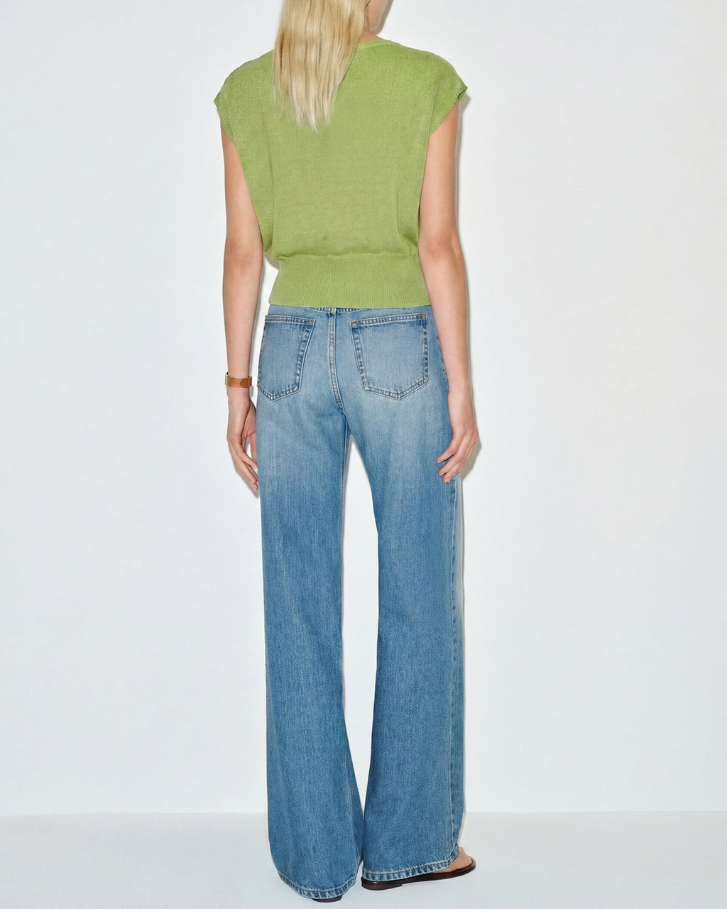 Green Knit Sweater with Round Neck and Drop Shoulders