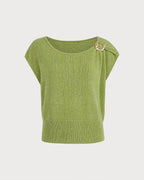 Green Knit Sweater with Round Neck and Drop Shoulders