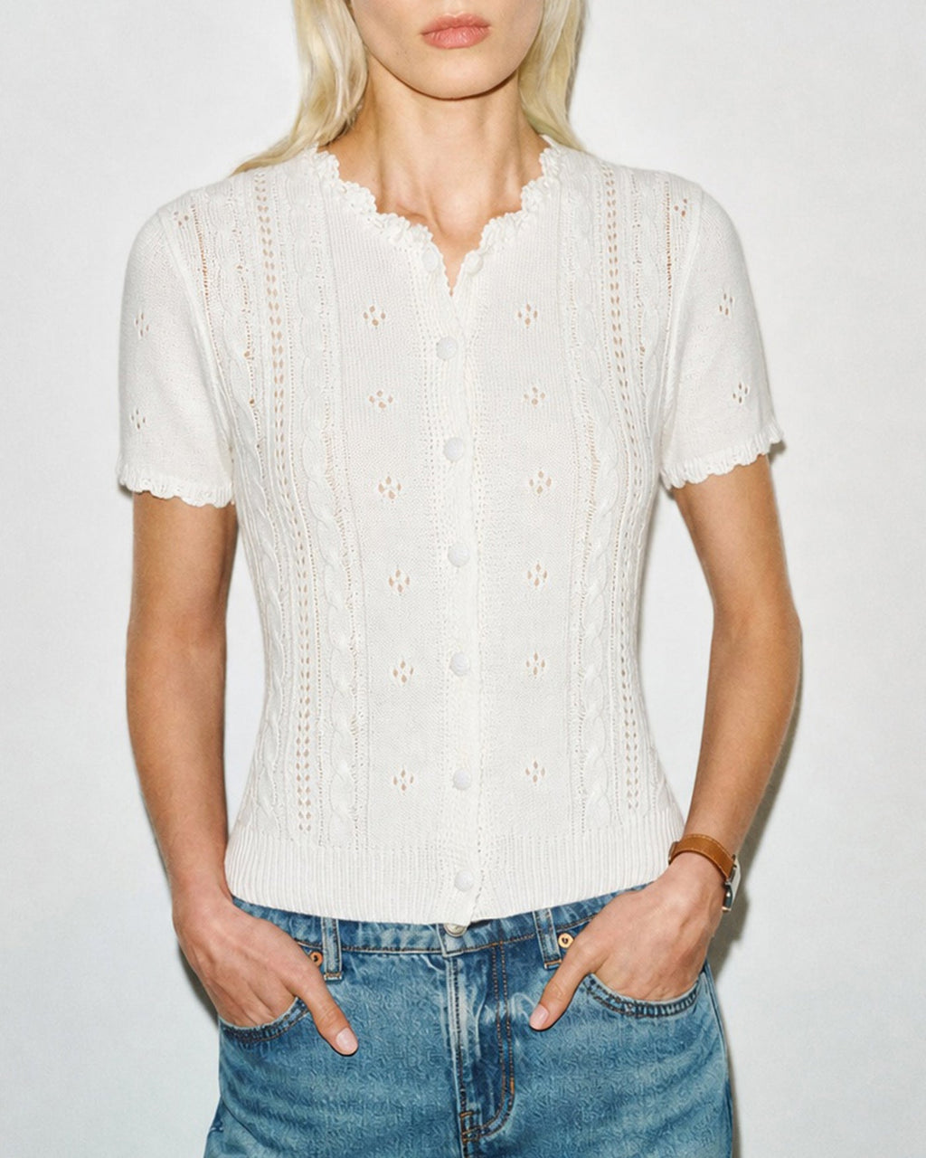 Textured Knit Cardigan in Off White