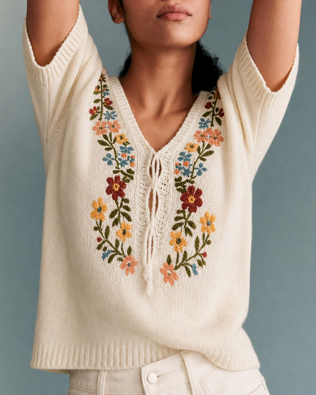Floral Embroidered V-Neck Sweater in Apricot