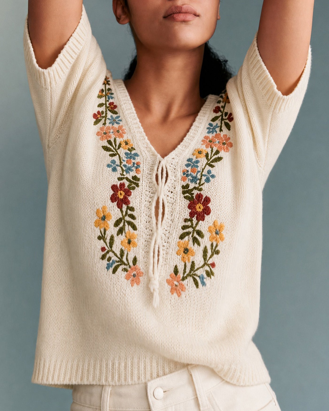 Floral Embroidered V-Neck Sweater in Apricot