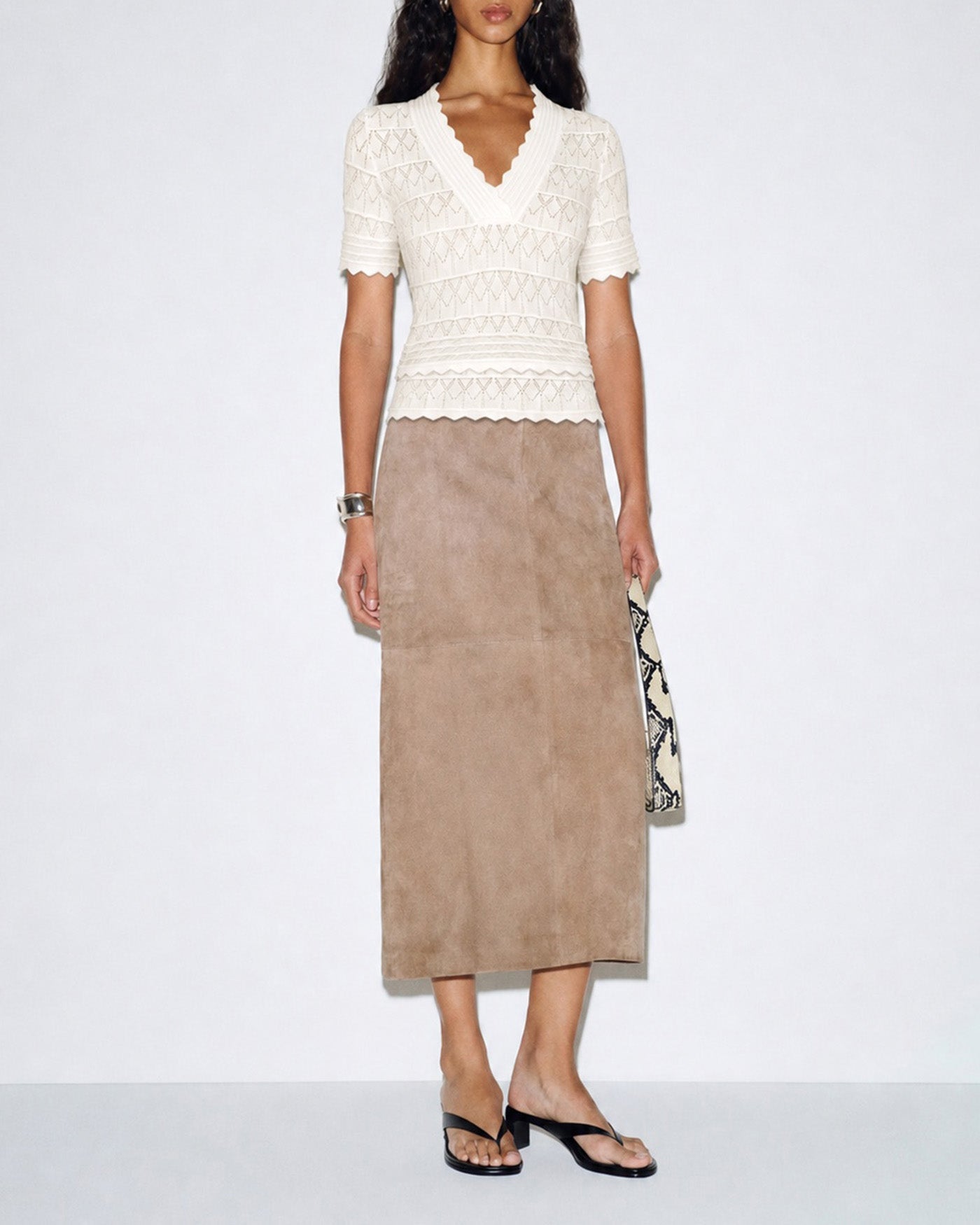 Textured V-Neck Sweater in Off White