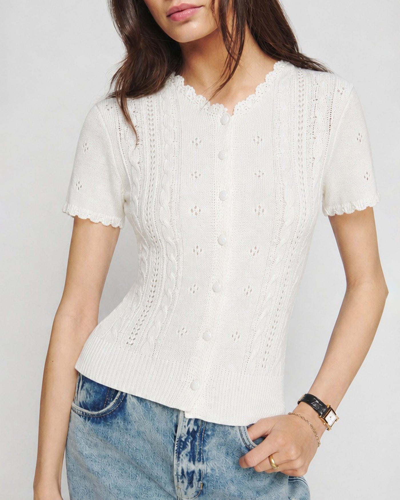 Textured Knit Cardigan in Off White