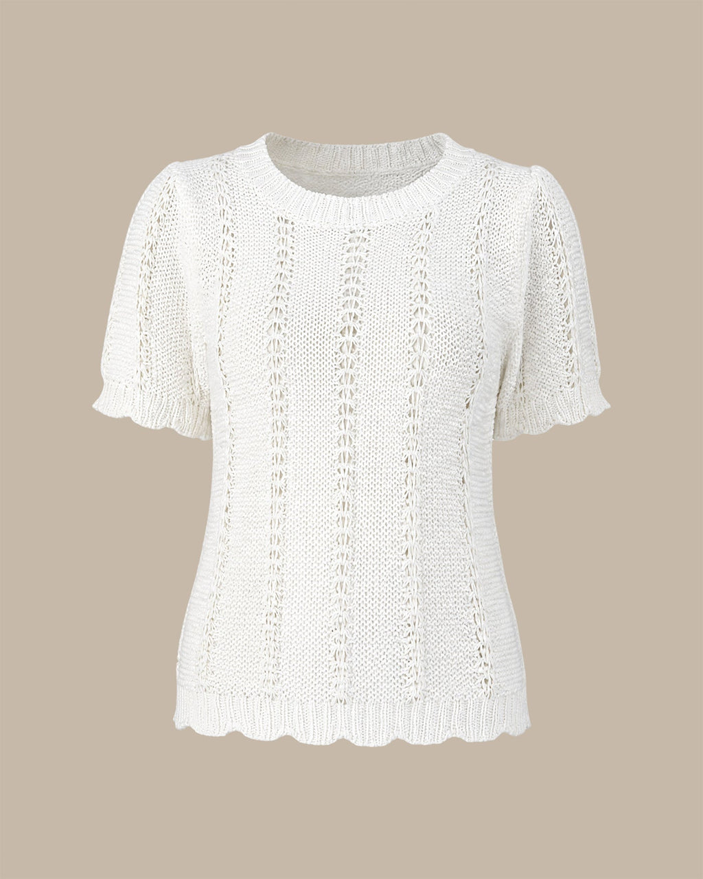 Textured Knit Sweater with Round Neck in White