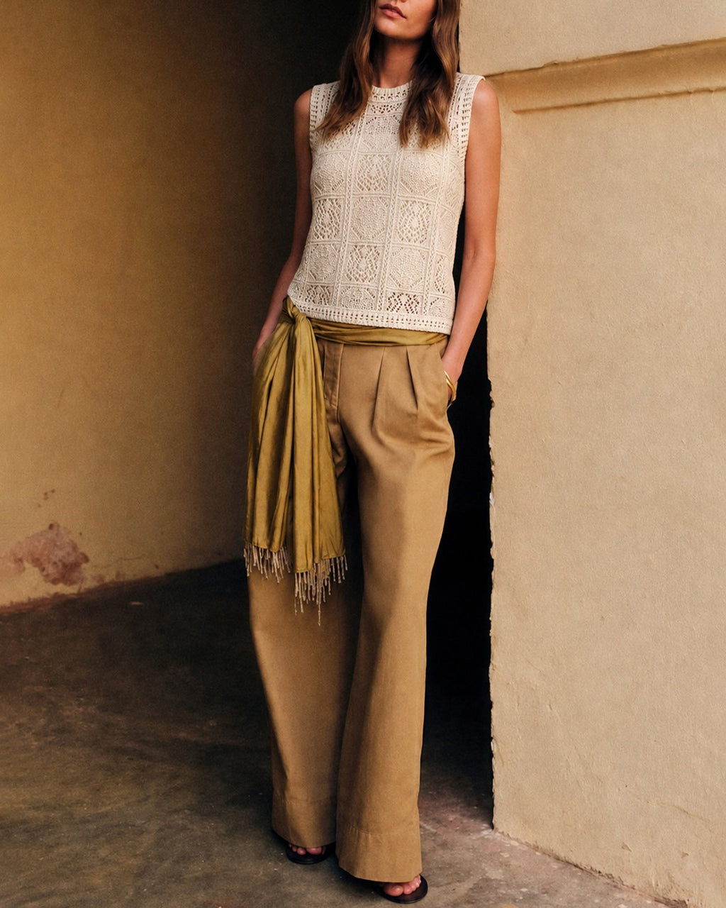 Textured Knit Sweater in Apricot with Round Neck