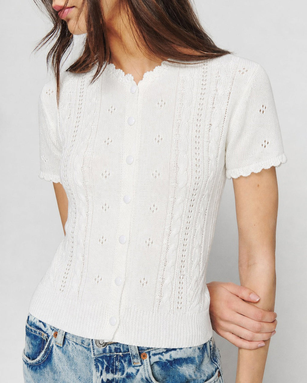 Textured Knit Cardigan in Off White