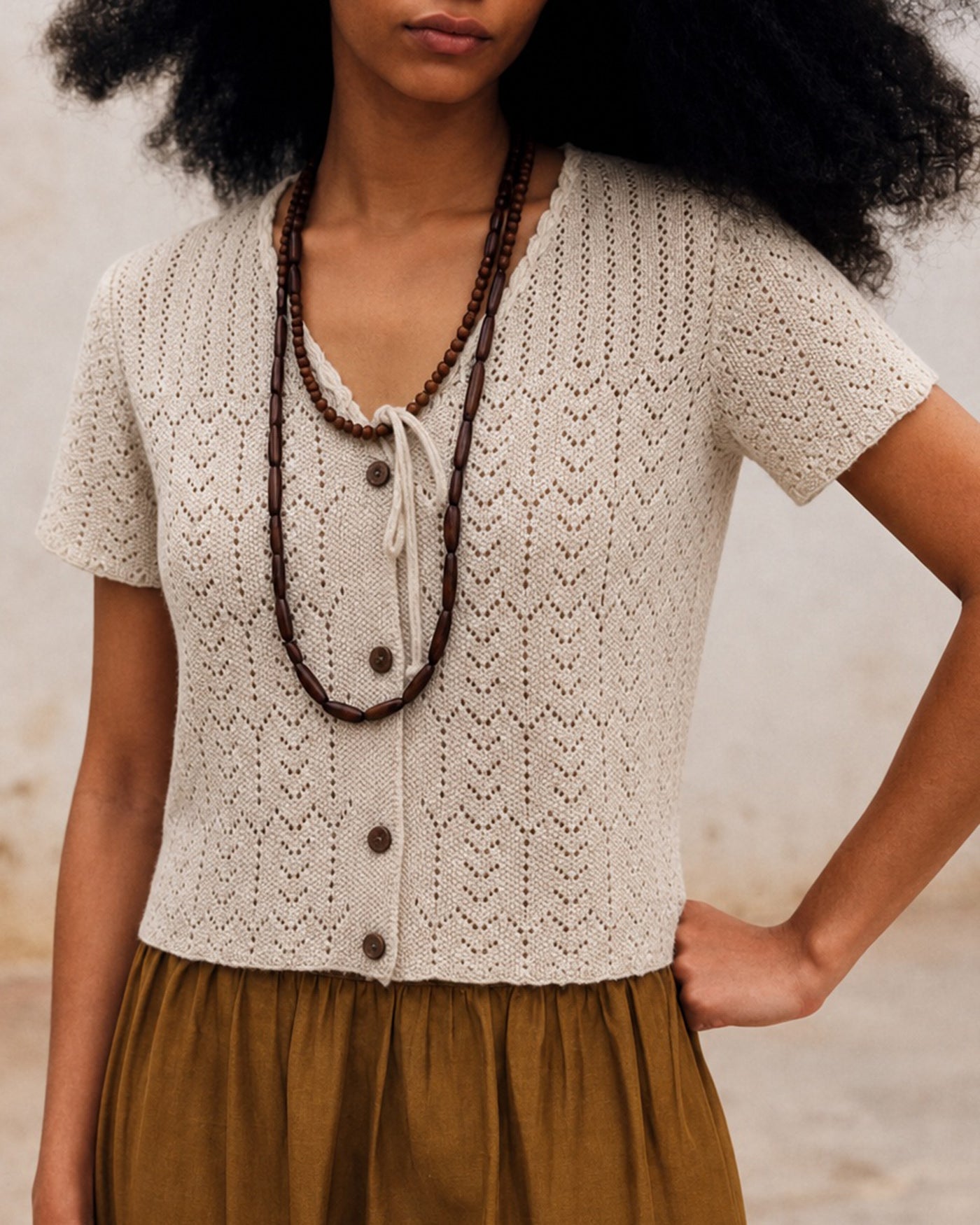 Textured Knit Cardigan with V-Neck and Buttons in Beige