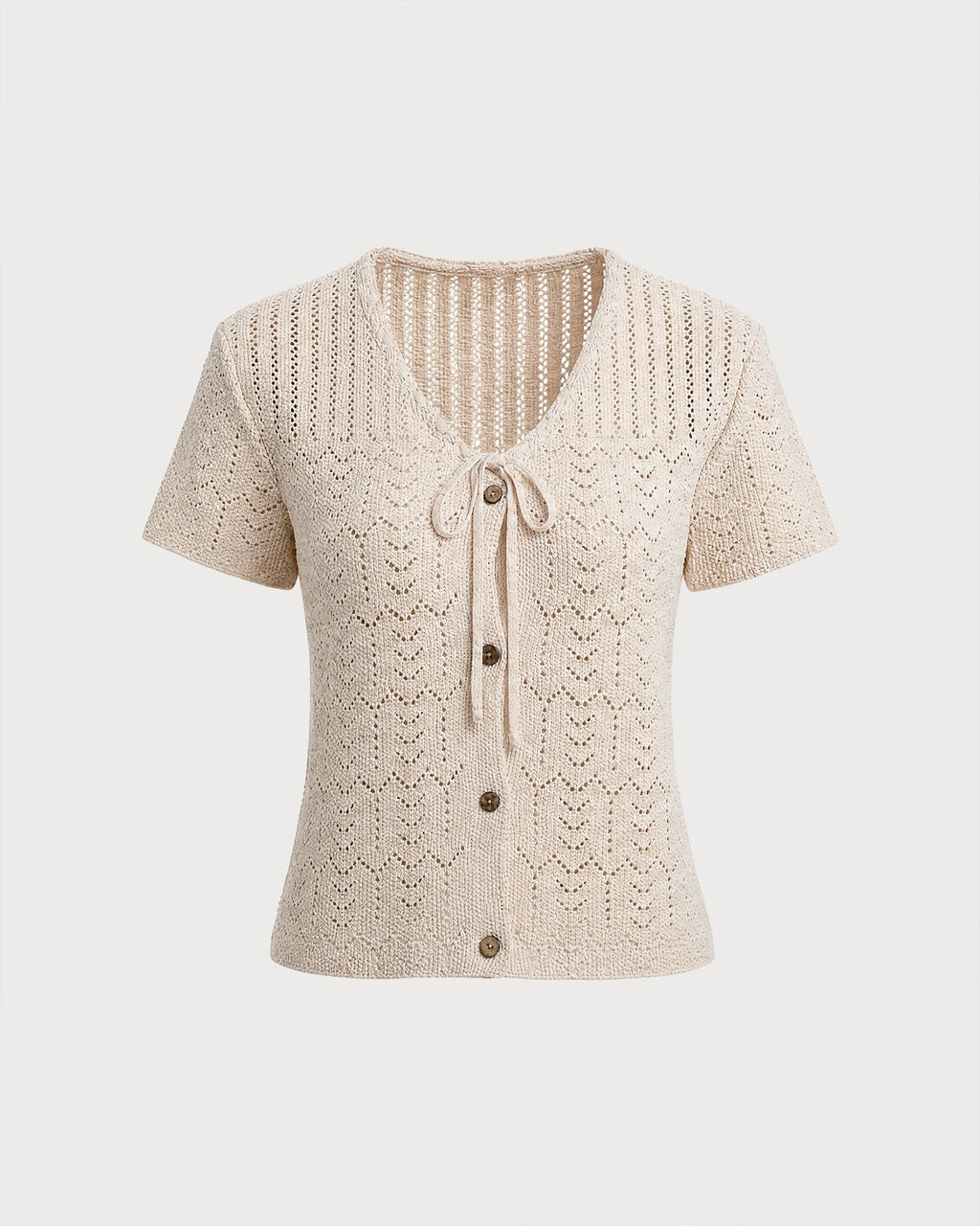 Textured Knit Cardigan with V-Neck and Buttons in Beige