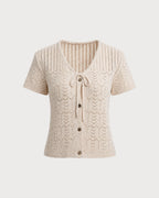 Textured Knit Cardigan with V-Neck and Buttons in Beige