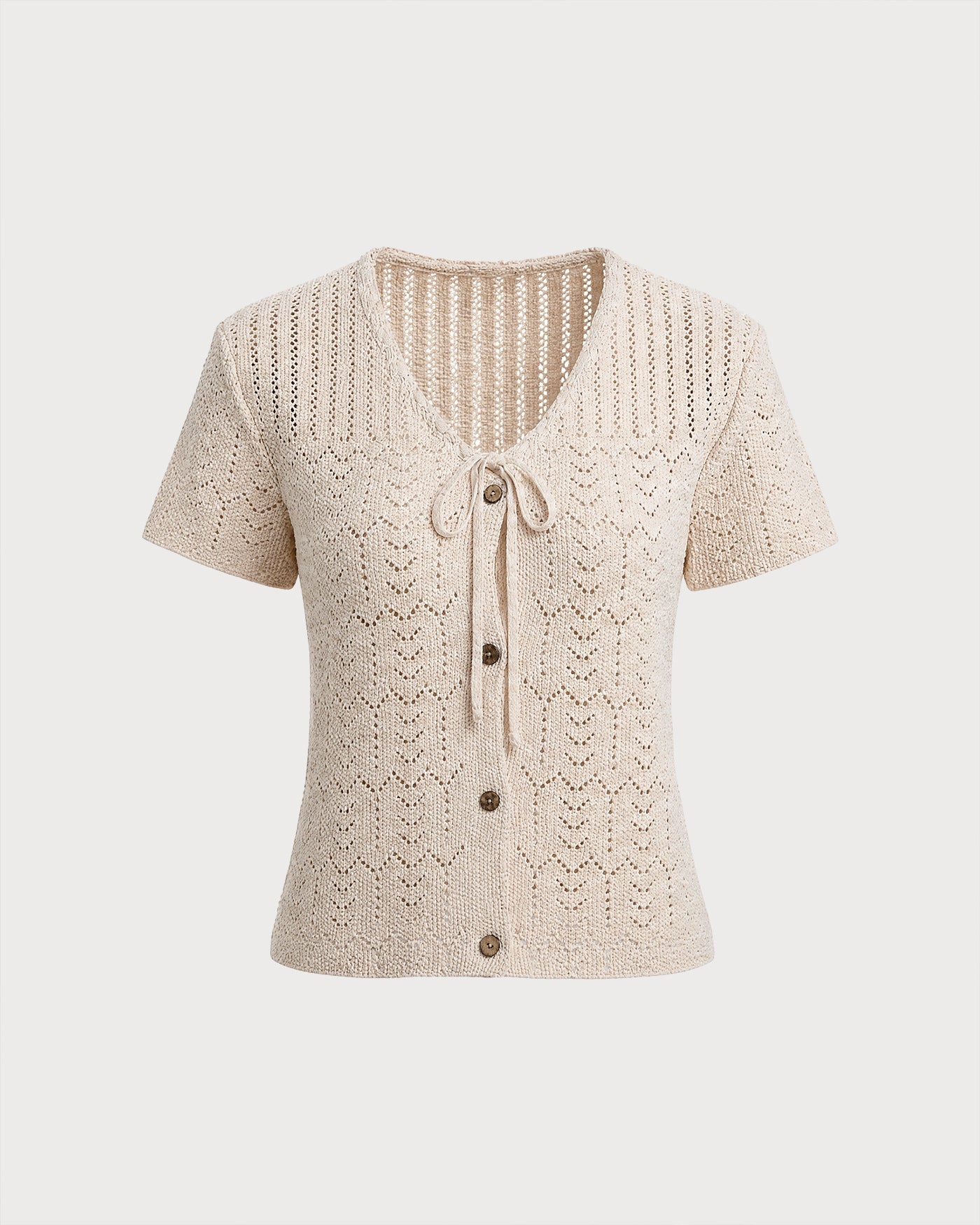 Textured Knit Cardigan with V-Neck and Buttons in Beige