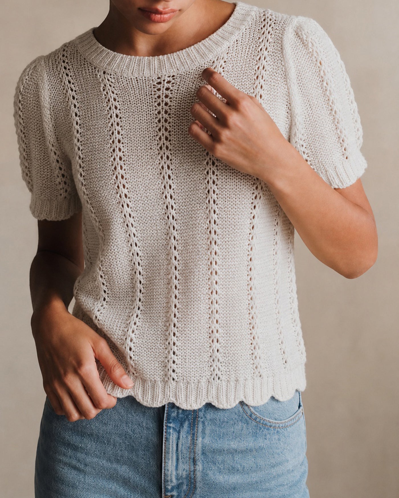 Textured Knit Sweater with Round Neck in White