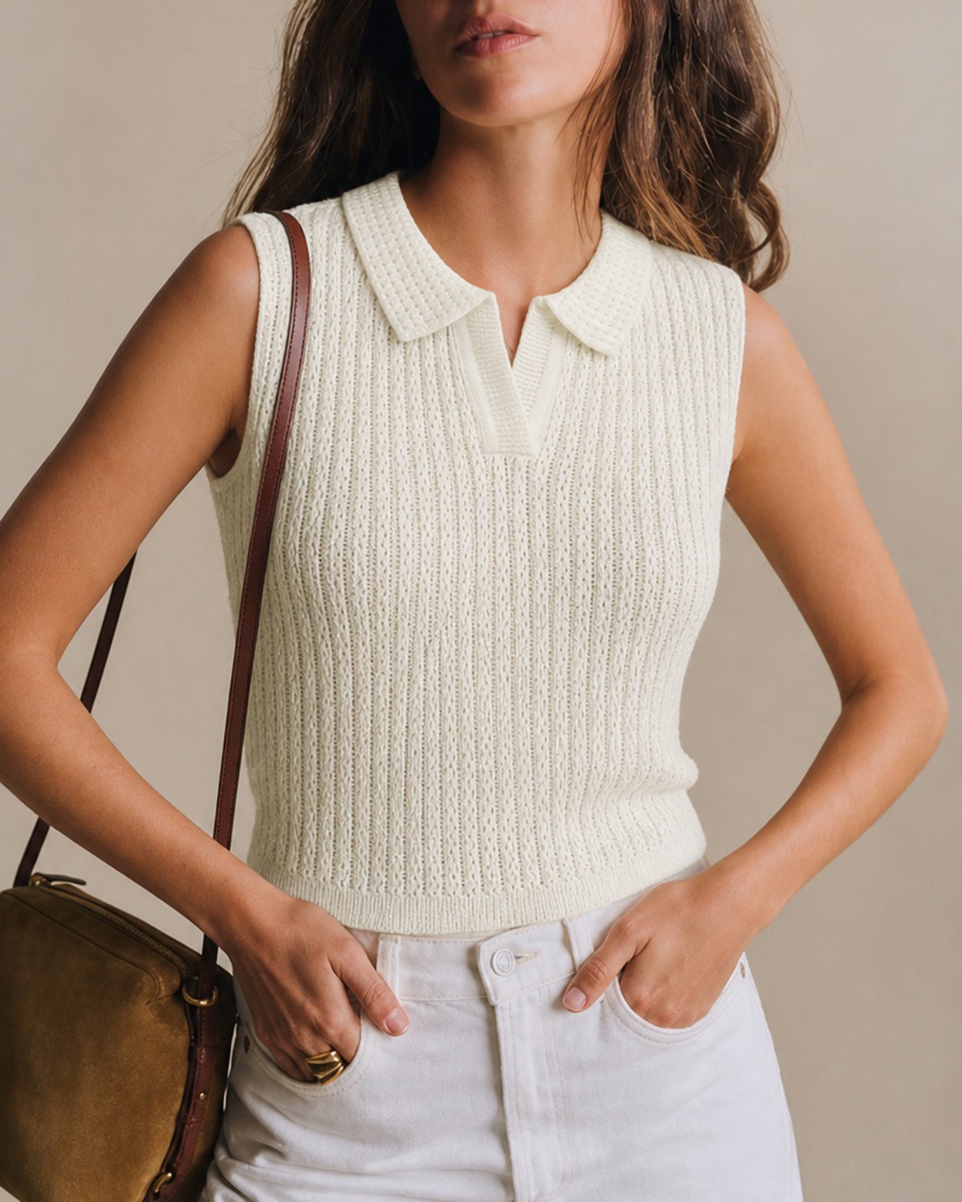 Textured Apricot Tank with Collar Cut-Out