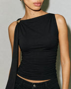 Black Knit Tank Top with Boat Neck Design