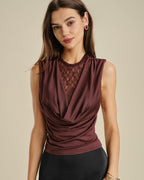 Coffee-Colored Lace Tank Top with Cowl Neck