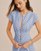 Polka Dot Button Tee with Round Neck in Blue