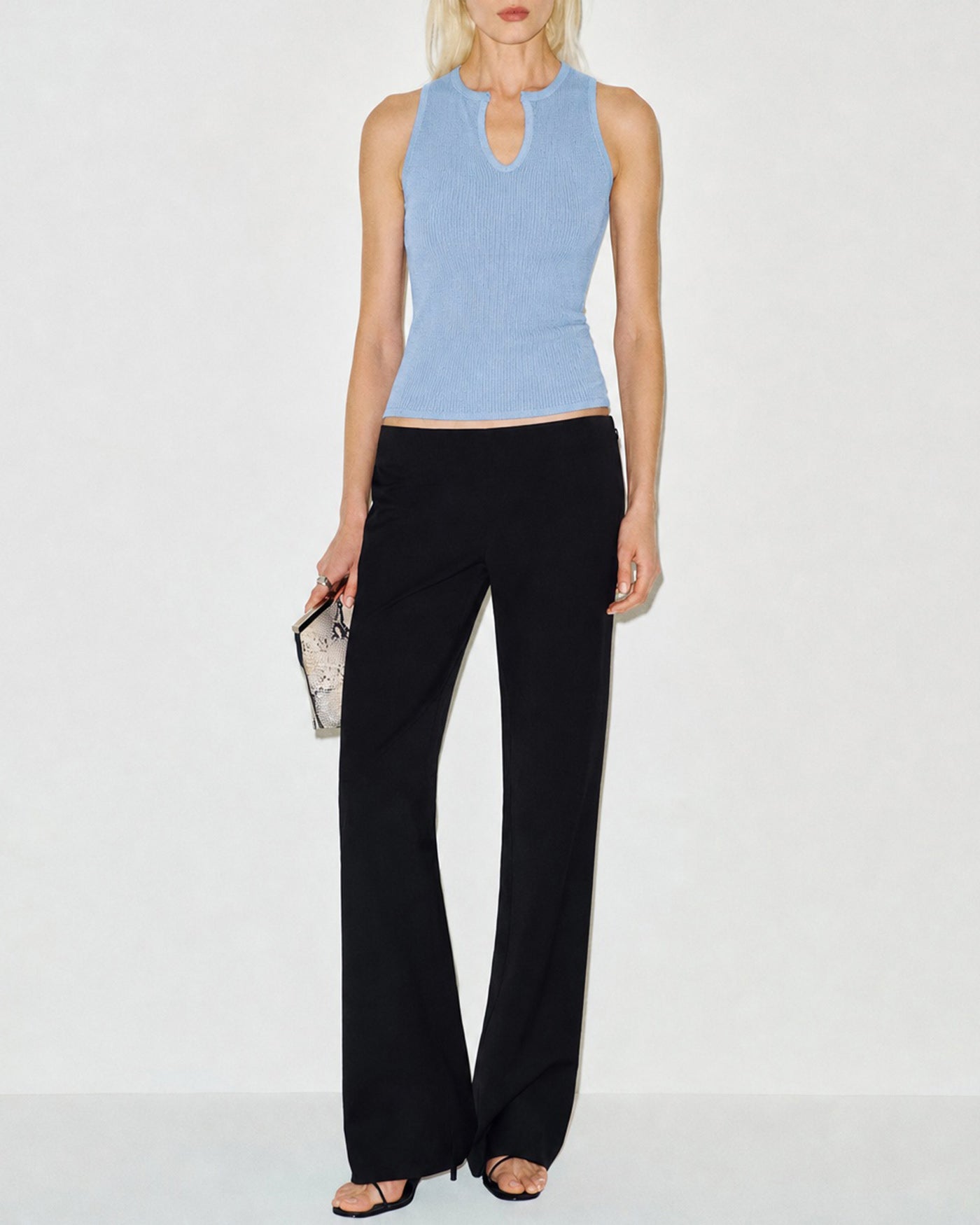Textured Knit Tank Top in Blue with V-Neck