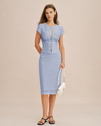 Polka Dot Button Tee with Round Neck in Blue