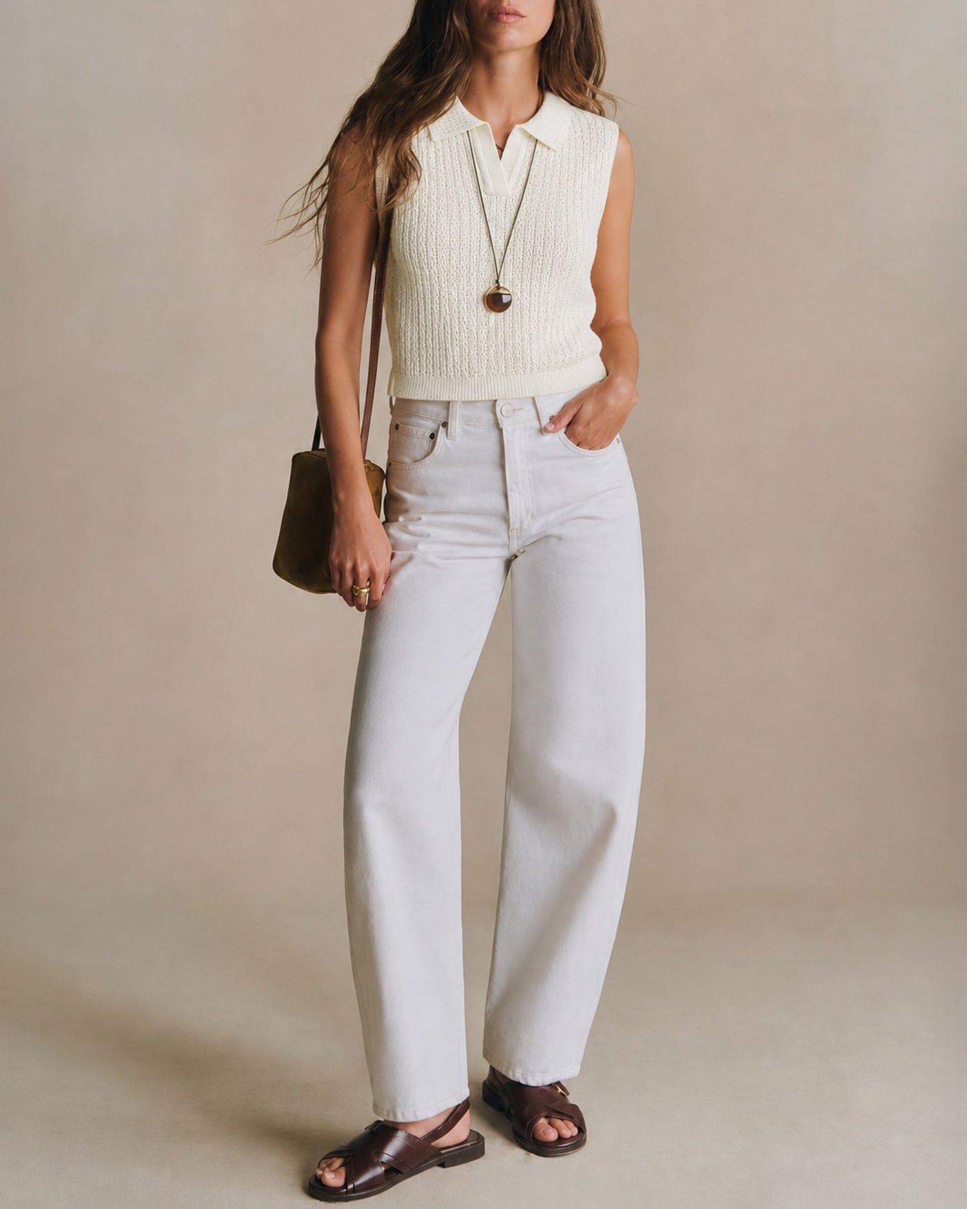 Textured Apricot Tank with Collar Cut-Out