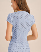 Polka Dot Button Tee with Round Neck in Blue