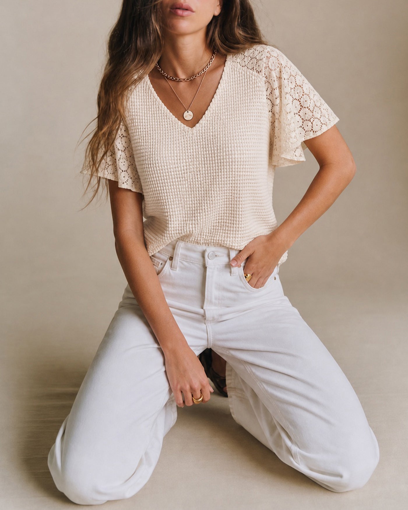 Apricot V-Neck Cut-Out Knit Top