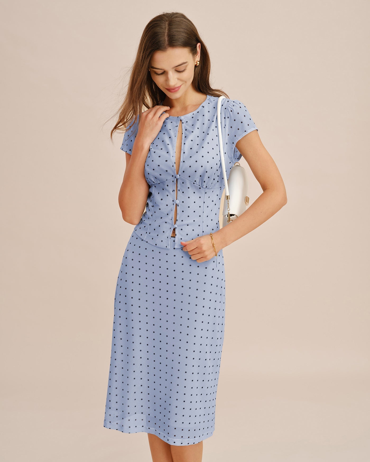 Polka Dot Button Tee with Round Neck in Blue