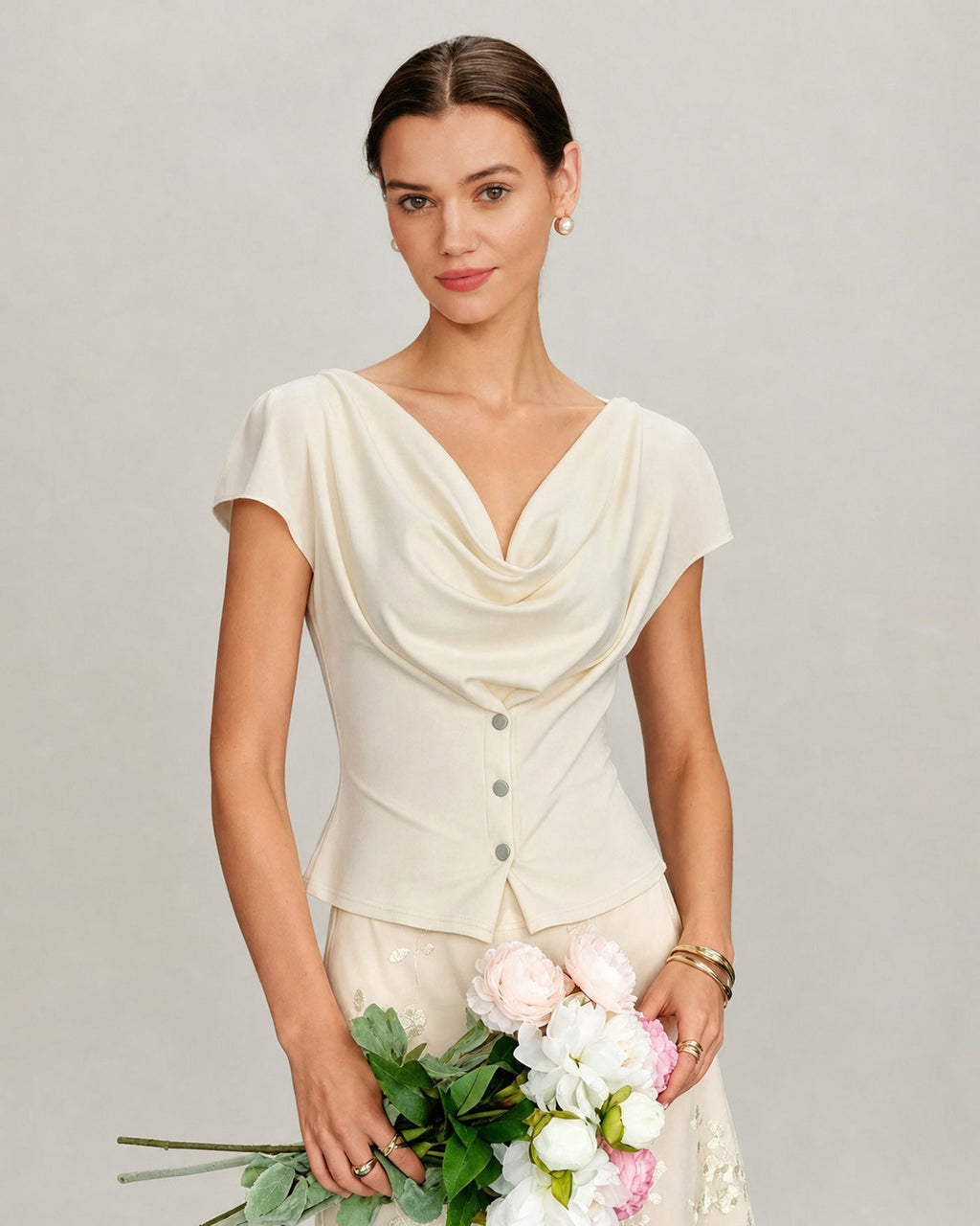 Apricot Cowl Neck Knit Tee with Button Detail
