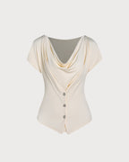 Apricot Cowl Neck Knit Tee with Button Detail