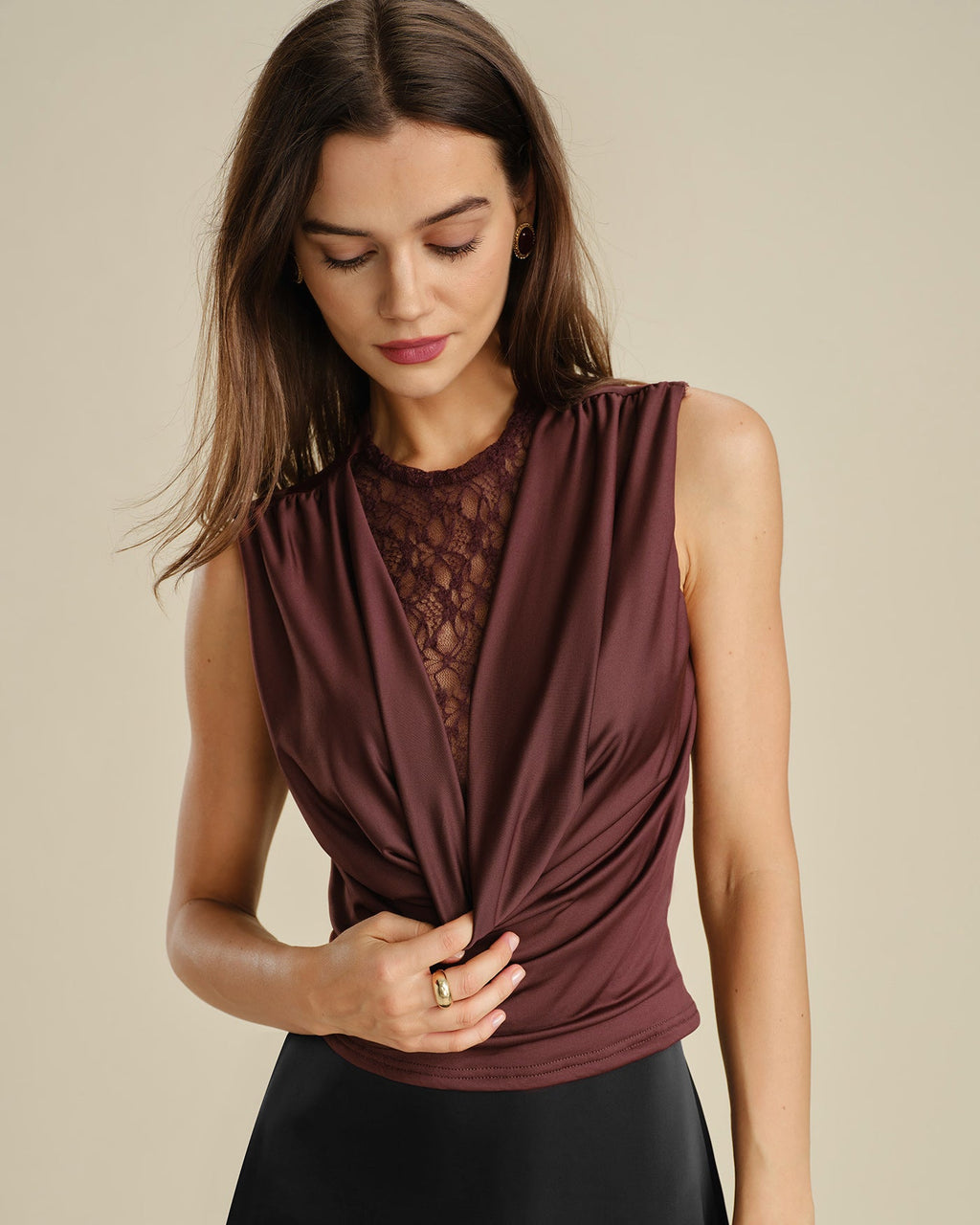 Coffee-Colored Lace Tank Top with Cowl Neck