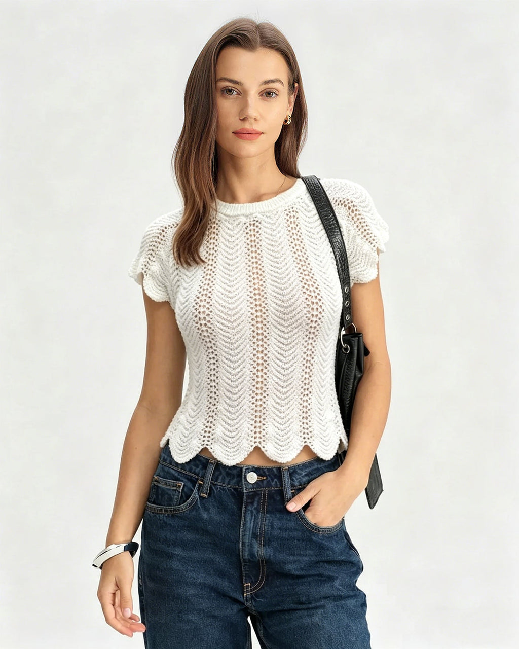 Textured White Round Neck T-Shirt