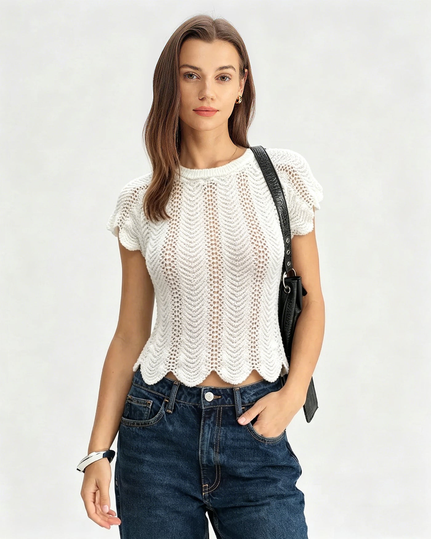 Textured White Round Neck T-Shirt