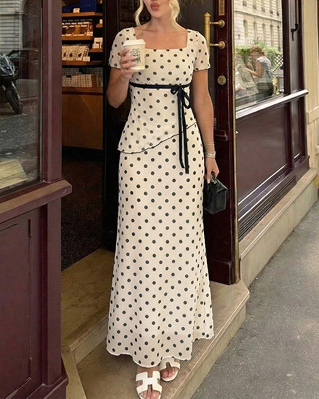 Apricot Polka Dot Two-Piece Set with Square Neck