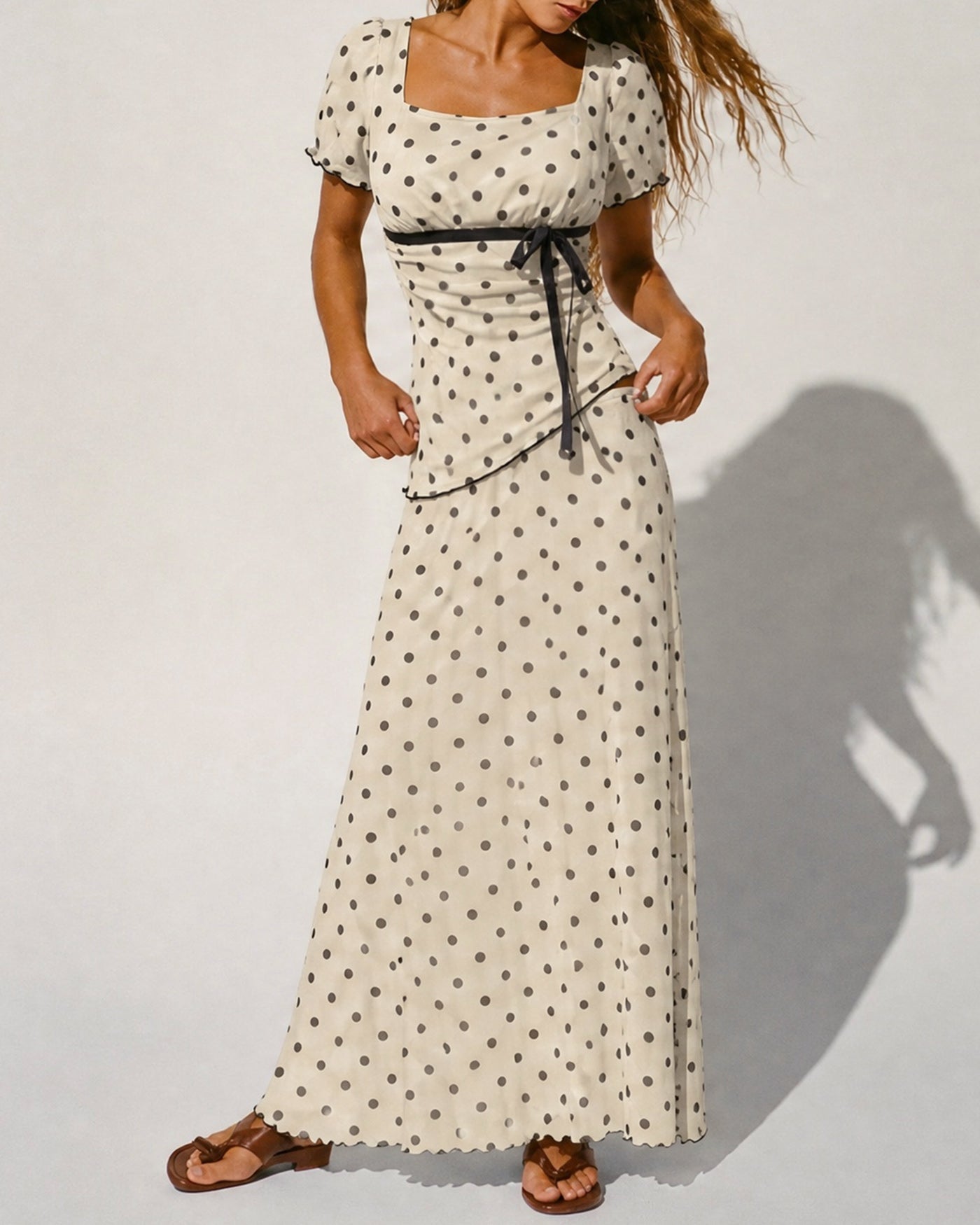 Apricot Polka Dot Two-Piece Set with Square Neck