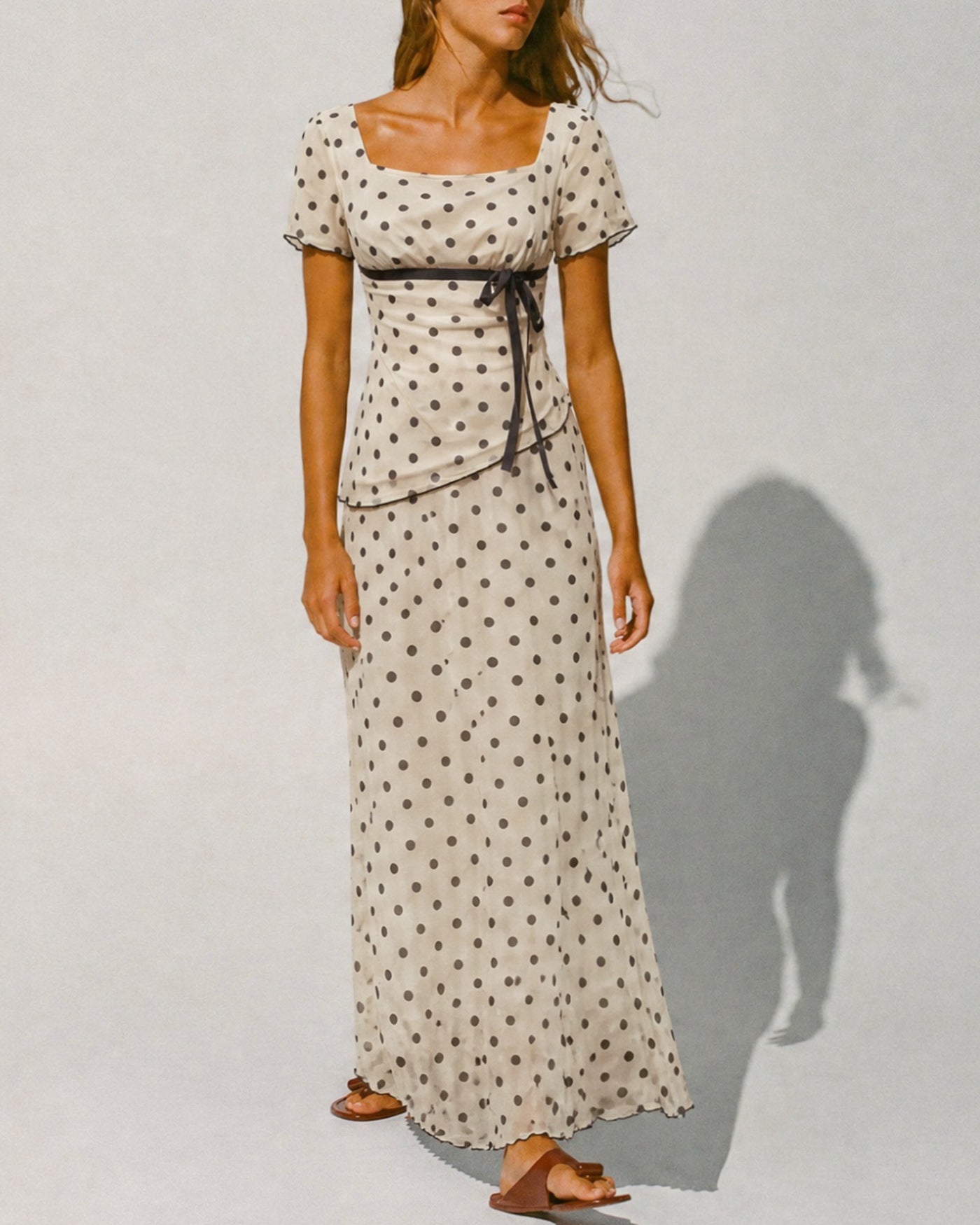 Apricot Polka Dot Two-Piece Set with Square Neck
