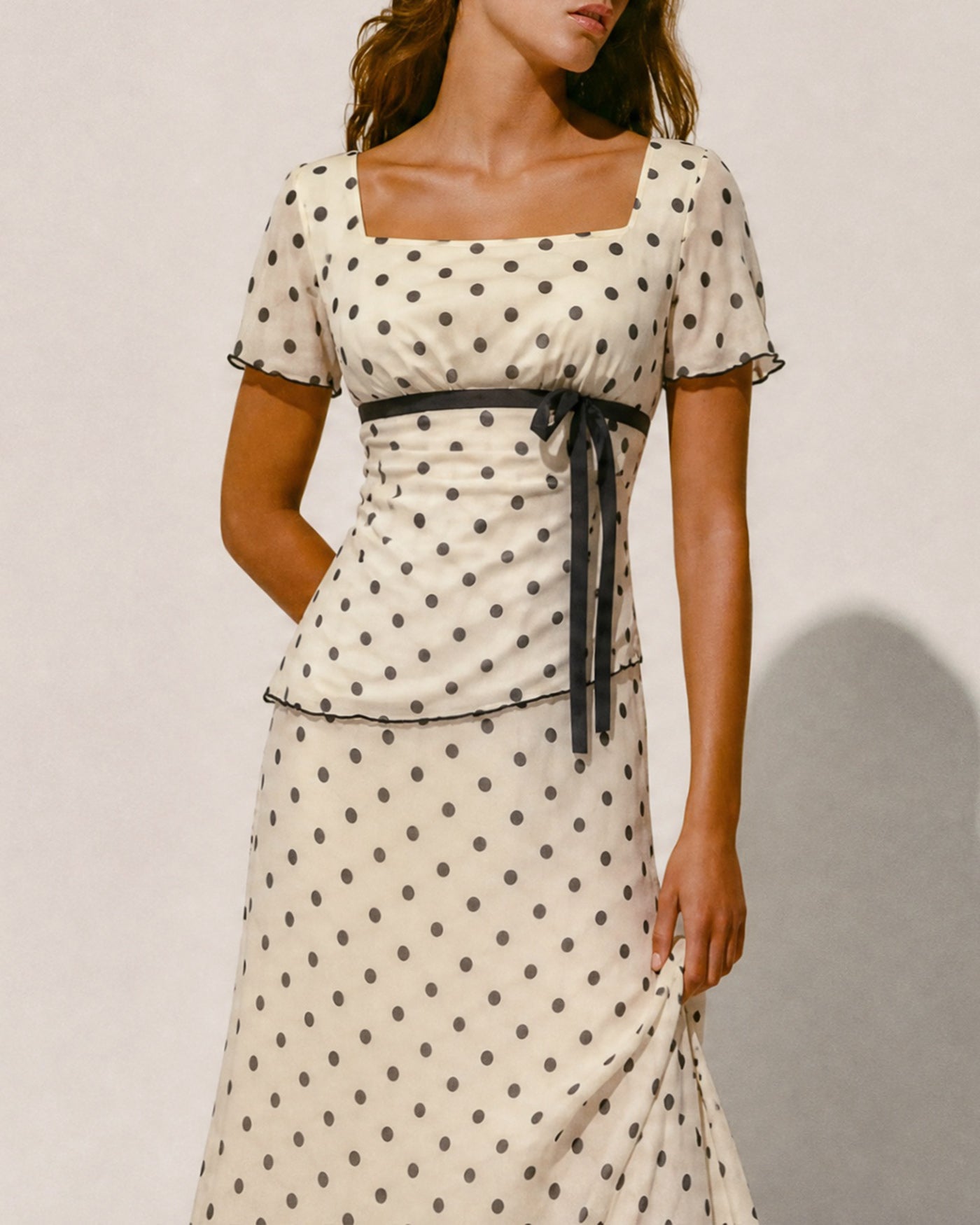 Apricot Polka Dot Two-Piece Set with Square Neck