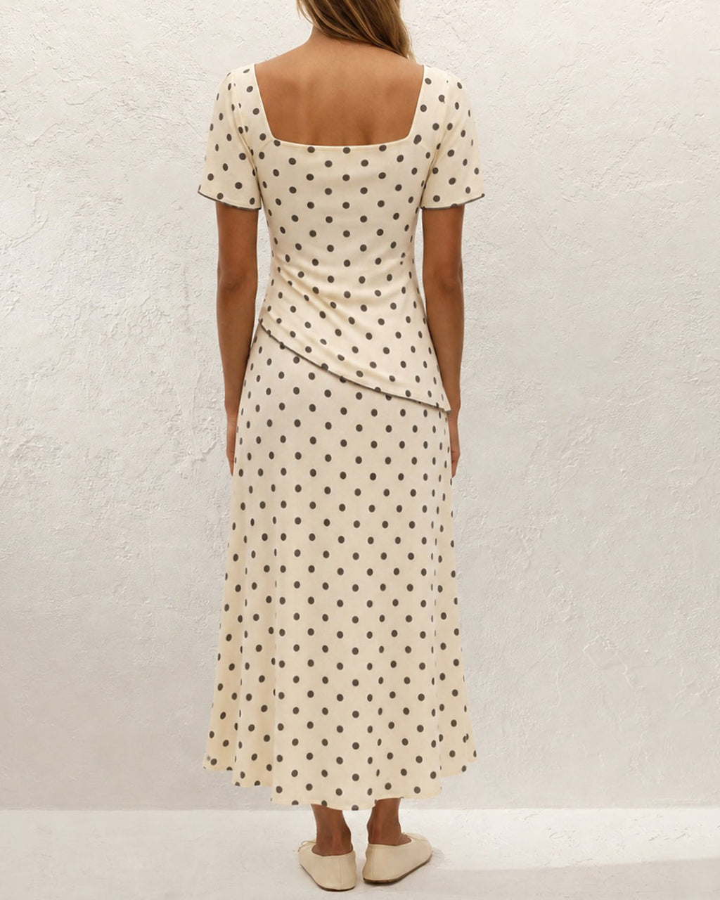Apricot Polka Dot Two-Piece Set with Square Neck