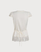 Apricot V-Neck Lace Detail T-Shirt