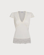 Apricot V-Neck Lace Detail T-Shirt