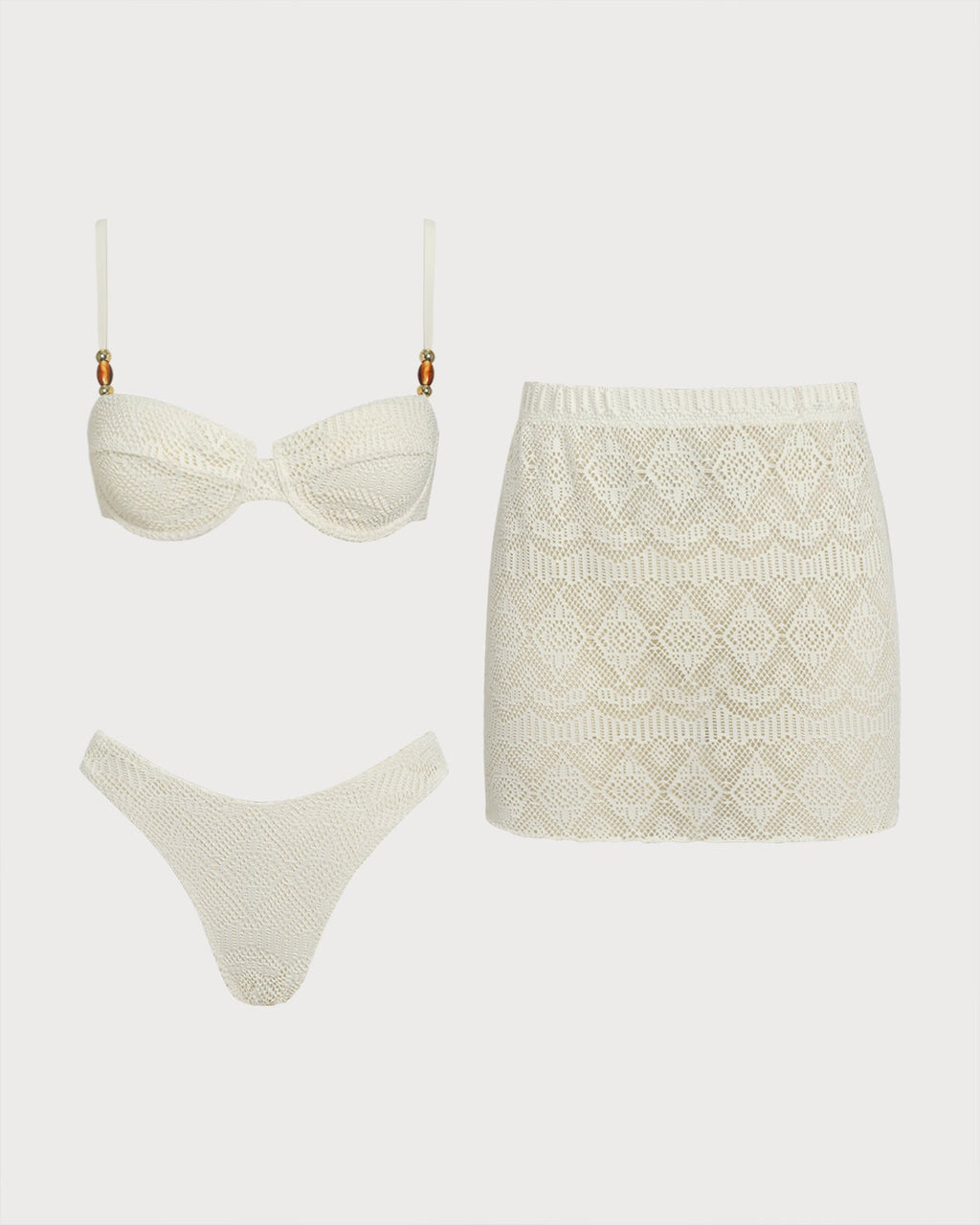 Textured White Underwire Three-Piece Lingerie Set