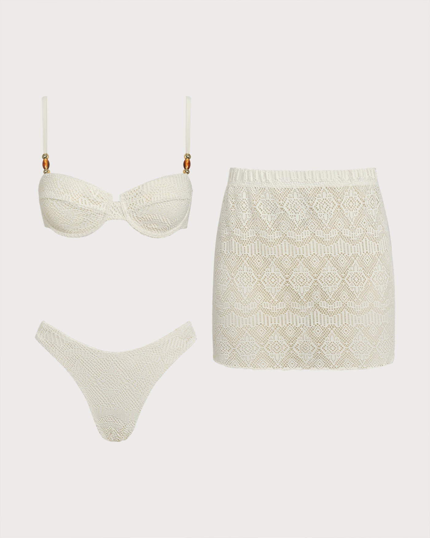 Textured White Underwire Three-Piece Lingerie Set
