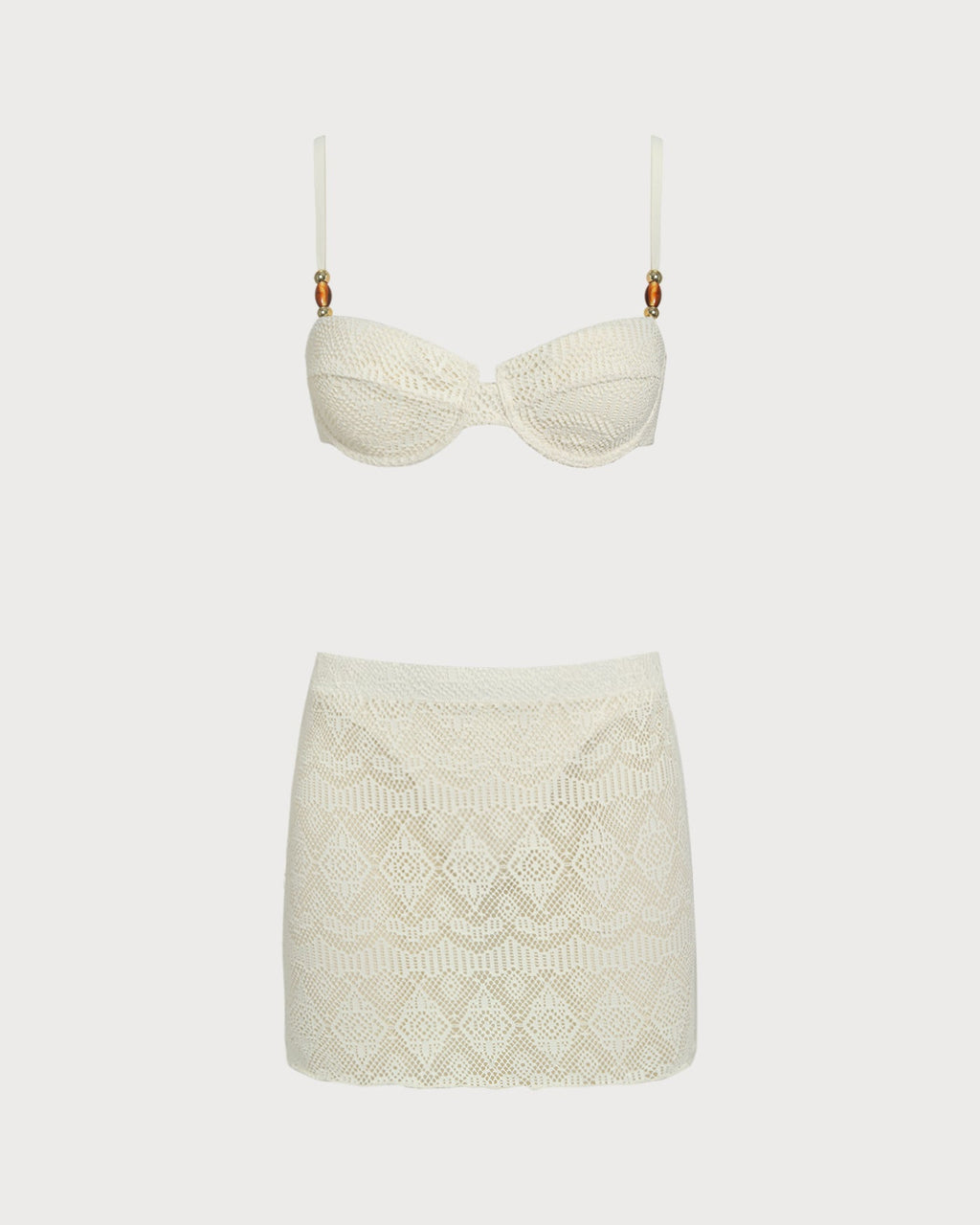 Textured White Underwire Three-Piece Lingerie Set